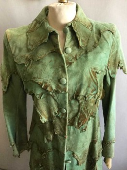 MTO, Green, Brown, Suede, Solid, Mottled, 7 Buttons,  Layers Of Mottled Suede, Long Sleeves, Collar Attached, Long Coat