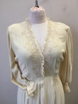 N/L, Cream, Rayon, Solid, Fine Knit Boudoir Robe. V. Neck with Pale Peach & Cream Lace Trim. Hook & Eye Closure at Front with Smocking Detail at Front Waist. Long Sleeves with Elasticated Rushed Cuffs with Fine Mesh Knit Trim