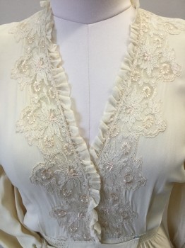 N/L, Cream, Rayon, Solid, Fine Knit Boudoir Robe. V. Neck with Pale Peach & Cream Lace Trim. Hook & Eye Closure at Front with Smocking Detail at Front Waist. Long Sleeves with Elasticated Rushed Cuffs with Fine Mesh Knit Trim