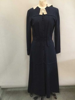 MTO, Navy Blue, Khaki Brown, White, Cotton, Linen, Solid, Hook & Eye/Snap Front with Faux Fabric Covered Buttons, Yoke with Small Flap, Pleated From Waist Upwards, Panels That Extend From Yoke Past The Waistband with Button Detail, Long Sleeves, Khaki Linen Collar with White Floral Embroidery, Mid Thigh Seam, Floor Length Hem,