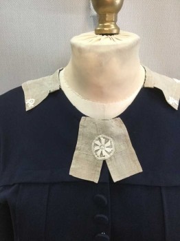 MTO, Navy Blue, Khaki Brown, White, Cotton, Linen, Solid, Hook & Eye/Snap Front with Faux Fabric Covered Buttons, Yoke with Small Flap, Pleated From Waist Upwards, Panels That Extend From Yoke Past The Waistband with Button Detail, Long Sleeves, Khaki Linen Collar with White Floral Embroidery, Mid Thigh Seam, Floor Length Hem,