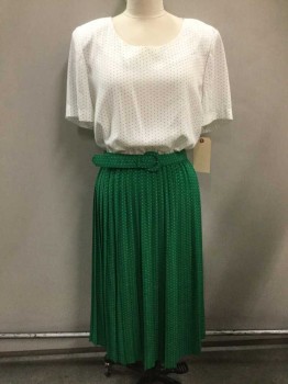Classics , Kelly Green, White, Polyester, Polka Dots, Short Sleeve,  Shoulder Pads, Hem Below Knee, Elastic Waist, Top Section White With Green Polka Dots, Green Skirt With White Polka Dots, Matching BELT With Elastic Back, Scoop Neck, Pleated Skirt,