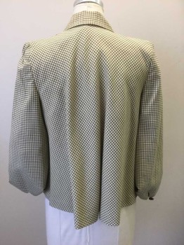 SMITH-OGREN, Lt Yellow, Dk Brown, Wool, Grid , 3/4 Sleeves with Unusual Folded Ends with Brown Buttons, 1 Brown Button Closure at Neck, 2 Patch Pockets (One at Chest, and One at Left Hip) with Scallopped Alternating Layers of Grid Pattern and Solid Dark Brown, Rounded Collar, Padded Shoulders, Brown Silk Lining,