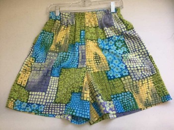 SUSAN GRAVER, Turquoise Blue, Yellow, Purple, Lime Green, Olive Green, Polyester, Novelty Pattern, Novelty Patchwork Floral and Graphic Print, Elasticated Waist
