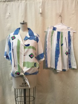 PLAY ALEGRE, White, Blue, Green, Magenta Purple, Cotton, Abstract , Shirt, Button Front, Collar Attached, Notched Lapel, Self Tie Knot, Short Sleeves,
