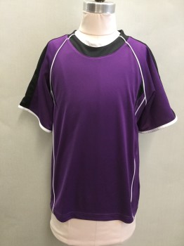 PRO TIME, Purple, Black, White, Polyester, Solid, Soccer, Raglan Short Sleeves, Black Crew Neck with White Front Panel, Black Shoulder Stripes, White Piping, #'s on Back