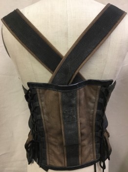 MTO, Dk Brown, Lt Brown, Gray, Cotton, Polyester, Solid, (aged/distressed)  Light Brown Canvas Bodice Corset, Dark Brown Leather Trim, with Dark Brown 1-1/2" Straps Detail Works & Buckles, Zip Front, Side Lacing,