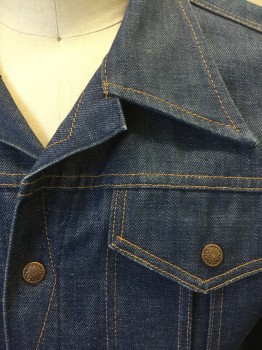MONTGOMERY WARD, Denim Blue, Cotton, Solid, with Orange Contrast Top Stitching, 4 Bronze Snap Closures in Front, Collar Attached,