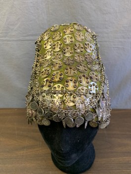 MTO, Silver, Lime Green, Multi-color, Metallic/Metal, Beaded, Tapered Cylindrical Shape with Flat Crown, Silver Rounded Rectangular Plates Over Green Mesh, Hanging Colorful Beads, Silver Dangling Chains, Made To Order Fantasy