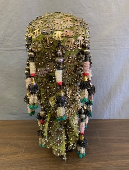 MTO, Silver, Lime Green, Multi-color, Metallic/Metal, Beaded, Tapered Cylindrical Shape with Flat Crown, Silver Rounded Rectangular Plates Over Green Mesh, Hanging Colorful Beads, Silver Dangling Chains, Made To Order Fantasy
