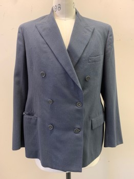 JOHN COLLIEN, French Blue, Dk Gray, Wool, Stripes - Vertical , Peaked Lapel, Double Breasted, Button Front, 3 Pockets
