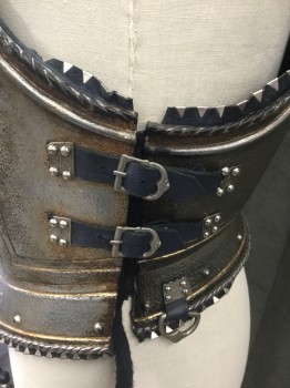 MTO, Silver, Navy Blue, Rubber, Leather, SUIT of ARMOR: Breastplate/Cuirass: Silver Rubber Aged to Look Like Metal, Molded Frame,  Leather Trim with Silver Triangle Metal Detail,  Gold Embossed Detail, Faux Rivets, Gold Lion Crest Front,Front and Back Plates, Leather Buckle Straps at Shoulder and Sides, Velcro Side Closures