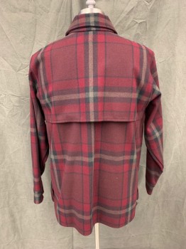 FILSON, Dk Red, Black, Tan Brown, Wool, Plaid, Plaid-  Windowpane, Snap Front, Collar Attached, Long Sleeves, 2 Pockets + 2 Yoke Pockets, Snap Cuff, Back Storm Flap