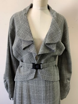 N/L, Gray, Black, White, Wool, Speckled, Grid , Gray and Black Speckled, with Black and White Intersecting Grid Stripes, Bishop Style Sleeves with Tiny Snap Closure at Cuff, Folded Round Collar/Lapel, Open Center Front with No Closures, Hi/Low Hemline (Longer in Back), Pointed Back of Collar at Center Back Neck, Elastic Panel at Center Back Waist, Made To Order 1930's Reproduction **3 Pieces Total: Suit Comes with Matching Self Fabric Belt with Red Circular Buckle