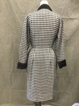 STACEY STEVENS, Black, Silver, Polyester, Rayon, Check , Double Breasted, Black Faux Fur Collar/Cuff, Pleated Waist Sides, Calf Length, Shoulder Pads