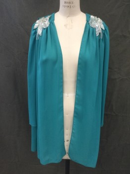 MISTER JAY, Teal Green, Polyester, Solid, Chiffon Jacket, Open Front, Gathered at Shoulder Panels Front and Back, Long Sleeves, White Floral Beaded and Sequinned Appliqué on Shoulders, Snaps on Shoulder Attach to Dress