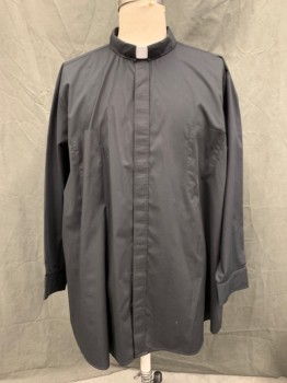 COMFORT SHIRT, Black, White, Poly/Cotton, Solid, Button Front with Hidden Placket, Long Sleeves, Collar Attached Tacked Down, 2 Pockets, White Plastic Collar, Priest, Clergy