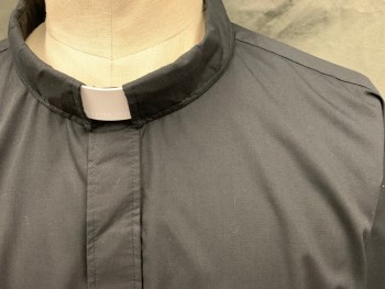COMFORT SHIRT, Black, White, Poly/Cotton, Solid, Button Front with Hidden Placket, Long Sleeves, Collar Attached Tacked Down, 2 Pockets, White Plastic Collar, Priest, Clergy
