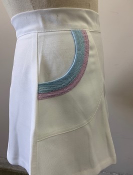 NL, White, Lavender Purple, Baby Blue, Polyester, Solid, Poly Twill, Short Aline, Baby Blue and Lavender Rainbow Stripe Pocket Detail, Zipper Back
