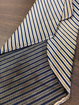 N/L, Navy Blue, Lt Gray, Silk, Stripes - Diagonal , Stripes - Pin, No Lining, 3.5" Wide at Base, Four in Hand, Stained at Base, Wear Along Edges