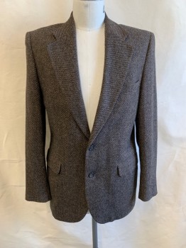 AMERICAN TREND, Brown, Black, Wool, 2 Color Weave, Tweed, Notched Lapel, Single Breasted, Button Front, 2 Buttons, 3 Pockets