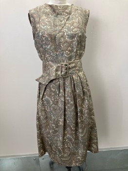 N.Y. VINTAGE, Dress, Brown/ Multi-color, Paisley, Round Neck, Sleeveless, Side Pockets, Back Zip, With Matching Belt