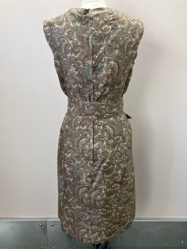 N.Y. VINTAGE, Dress, Brown/ Multi-color, Paisley, Round Neck, Sleeveless, Side Pockets, Back Zip, With Matching Belt