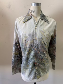 N/L, Lt Gray, Gray, Yellow, Red, Polyester, Abstract , Swirled Paint Pattern, L/S, Button Front, V Neck Opening, Dagger Collar, Disco