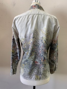 N/L, Lt Gray, Gray, Yellow, Red, Polyester, Abstract , Swirled Paint Pattern, L/S, Button Front, V Neck Opening, Dagger Collar, Disco