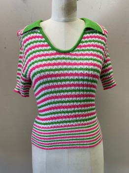 Miss Sixty, Lime Green, White, Pink, Acrylic, Polyester, Stripes - Horizontal , S/S, C.A., Crochet Top Scoop Neck,