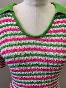 Miss Sixty, Lime Green, White, Pink, Acrylic, Polyester, Stripes - Horizontal , S/S, C.A., Crochet Top Scoop Neck,