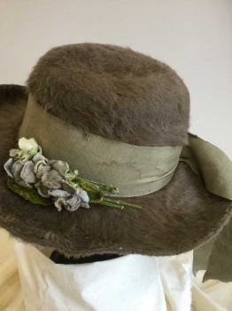 N/L, Brown, Olive Green, Gray, Lime Green, Felt, Synthetic, Solid, Floral, HAT:  Dusty Brown-olive Fuzzy Felt, W/large Olive Ribbon and Gray,lime Cut-out Flower Around The Crown, Iridescent Yellow-lime Lining,