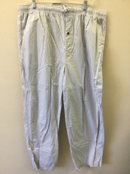ROUNDTREE & YORKE, Lt Blue, White, Charcoal Gray, Cotton, Stripes - Vertical , Stripes - Pin, White with Blue Microstripes and Charcoal Pinstripes, Elastic and Drawstring at Waist, 2 Button Fly **Has Some Stains Throughout