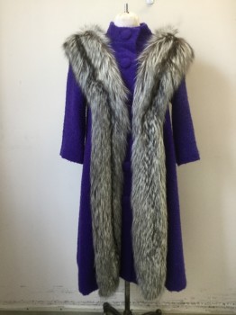 N/L, Purple, Wool, Fur, Solid, Boucle Coat, 2 Large Self Fabric Buttons Front, Top 2 Actual Buttons Rest are Faux Buttons with Actual Snap Closure, Hem Below Knee, Gray/Black Fur Stole Attached