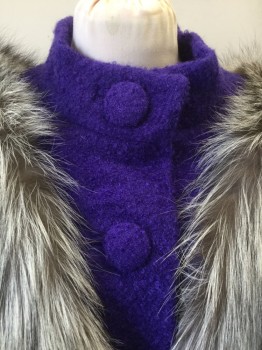 N/L, Purple, Wool, Fur, Solid, Boucle Coat, 2 Large Self Fabric Buttons Front, Top 2 Actual Buttons Rest are Faux Buttons with Actual Snap Closure, Hem Below Knee, Gray/Black Fur Stole Attached