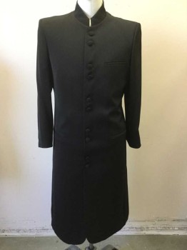 VITTORIO SANT'ANGELO, Black, Polyester, Solid, Covered Button Front, L/S, Band Collar, 2 Pckts, Hem Below Knee