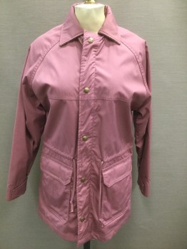 WOOLRICH WOMAN, Mauve Pink, Polyester, Cotton, Solid, Solid Mauve Poly Blend, Zip and Snap Front, 4 Pockets, Collar Attached, Gray & Mauve Plaid Wool Lining, Drawstring at Waist,