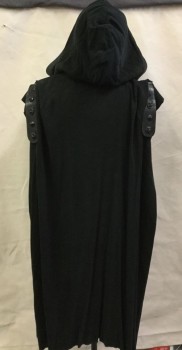 MTO, Black, Cotton, Leather, Solid, Loose Weave Drapy Cotton, Aged/Distressed,  Open Front and Sides, Voluminous Hood, Tie Back Shoulder Straps to Secure on Body, Decorative Stud Embellished Shoulder Straps