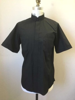 SUMMER COMFORT, Black, Poly/Cotton, Solid, Button Front, Short Sleeves, 2 Pockets, Collar Attached