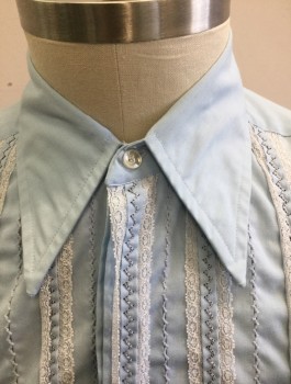DELTON, Lt Blue, White, Poly/Cotton, Solid, Long Sleeve Button Front, Long Collar Attached, Ruffled Front with White Lace Edging, French Cuffs,