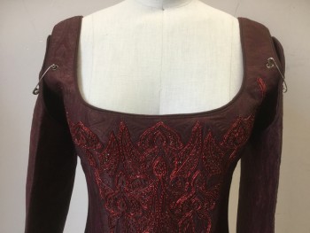 MTO, Wine Red, Red, Synthetic, Cotton, Leaves/Vines , Brocade,  Red Metallic Embroidery, Lace on Sleeves (Missing Laces), Steel Boning, Lace Up Center Back, Tabs at Waist