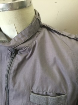 MONTEREY, Gray, Poly/Cotton, Solid, Lightweight Jacket, Zip Front, Rib Knit at Neck, Cuffs, Waistband and Trim on 3 Pockets, Stand Collar with Self Strap, Epaulettes at Shoulders,