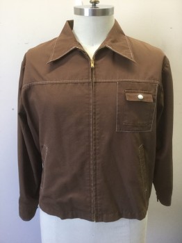 JACKIE THOMSON, Brown, Cotton, Polyester, Solid, Brown with White Top Stitching, Zip Front, Collar Attached, 4 Pockets,