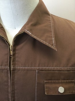JACKIE THOMSON, Brown, Cotton, Polyester, Solid, Brown with White Top Stitching, Zip Front, Collar Attached, 4 Pockets,