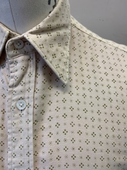 DOMETAKIS A LONDRES, Cream, Avocado Green, Cotton, Dots, Made To Order, Long Sleeves, Collar Attached, Button Front,