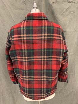 J. PRESS, Red, Green, Black, Tan Brown, Wool, Plaid, Zip Front, Collar Attached, 2 Pockets, Button Cuff, Fleece Lining