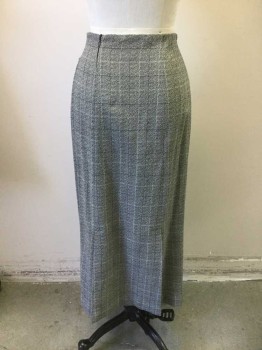 N/L, Gray, Black, White, Wool, Speckled, Grid , Gray and Black Speckled, with Black and White Intersecting Grid Stripes, Vertical Pintucks at Center Front From Waist to Hem, Pintucks Fan Out to Become Pleats at Hem, Double Vents in Back, Straight Fit with Hem Mid-calf, Zipper in Back, Made To Order Reproduction
