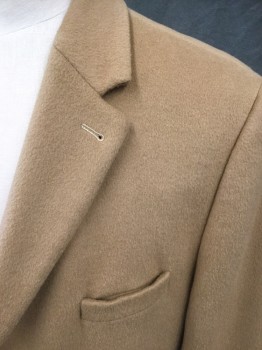 N/L, Camel Brown, Wool, Cashmere, Solid, Overcoat, Single Breasted, Collar Attached, Notched Lapel, 3 Pockets, 3 Buttons,  Attached Back Self Belt, Buttonned with Belt Loops Attached (Not Original), Center Back Slit