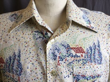 GOLDEN ARROW, Beige, Steel Blue, Yellow, Gray, Brown, Polyester, Acetate, Abstract , Impressionist Painting, Collar Attached, Button Front, 1 Pocket, Long Sleeves, (MISSING 1 Button on Left Cuff & Small Ripped on Upper Left Sleeves)