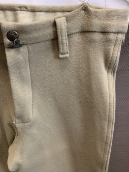 DEVON-AIRE, Lt Khaki Brn, Tan Brown, Cotton, Lycra, Solid, Zip Fly, Snap Closure, Tan Suede cloth Patches on Inside Thigh, Velcro Hems, Belt Loops
